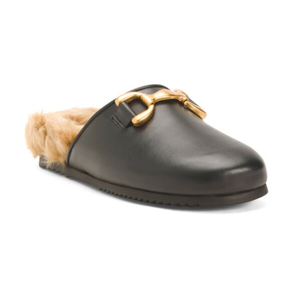 NEW STEVE MADDEN Leather Masin Faux Fur Bit Buckle Mules black for women 462tn - Picture 2 of 8